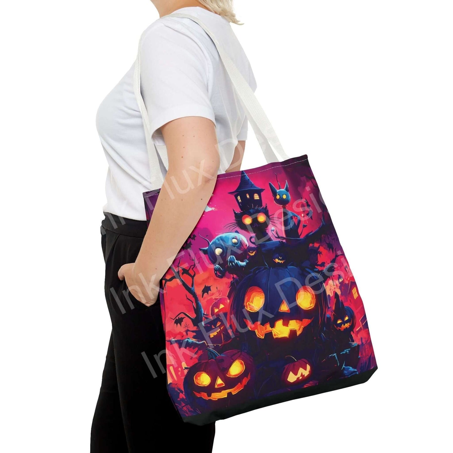 Woman carrying a vibrant Night Jack o' Lanterns tote bag with spooky Halloween-themed design, available in multiple sizes and handle colors.