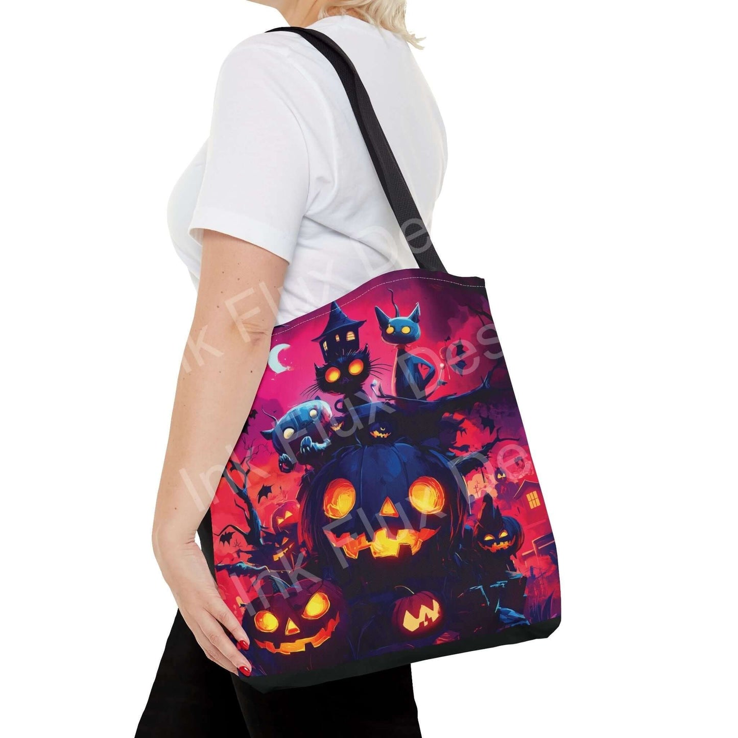 Woman carrying a vibrant Night Jack o lanterns Tote Bag featuring Halloween themed all-over print design with multiple spooky pumpkins and eerie bats.