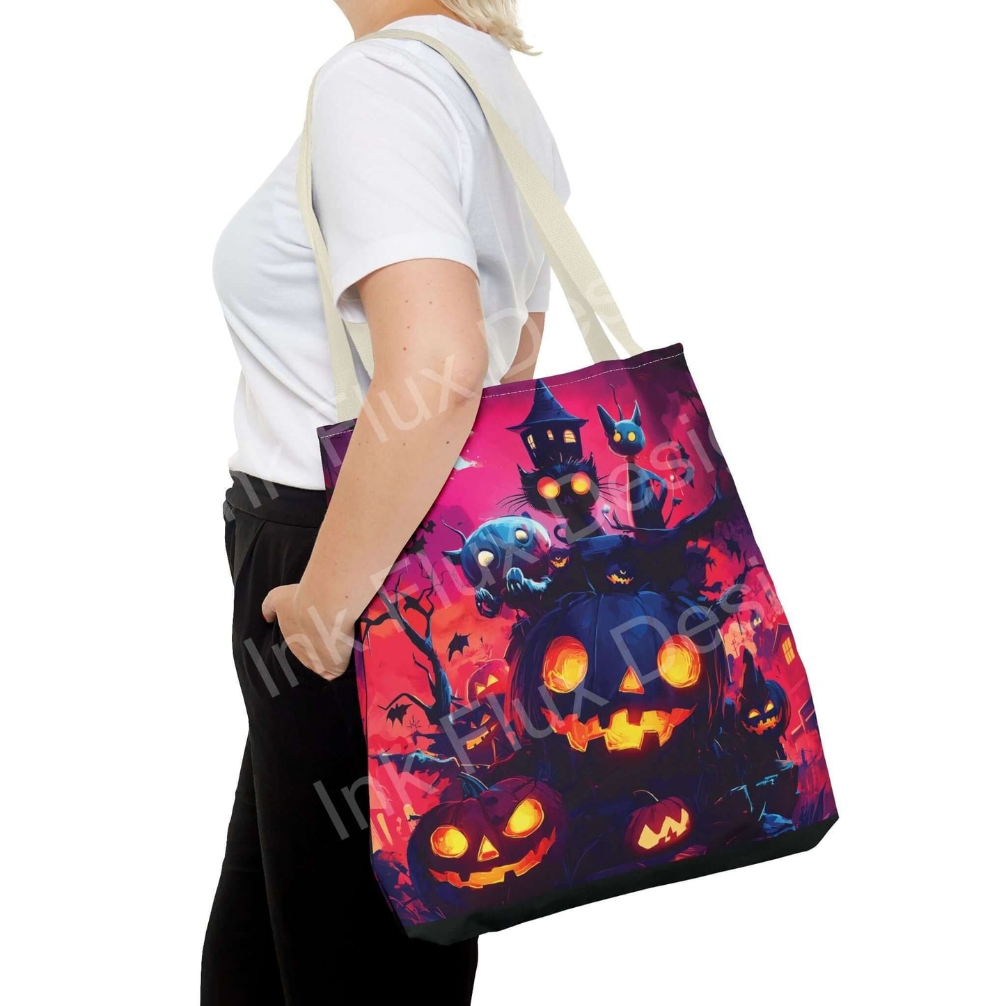 Woman carrying a vibrant Night Jack o' Lanterns tote bag, featuring colorful Halloween-themed all-over print, in various sizes with sturdy handles.