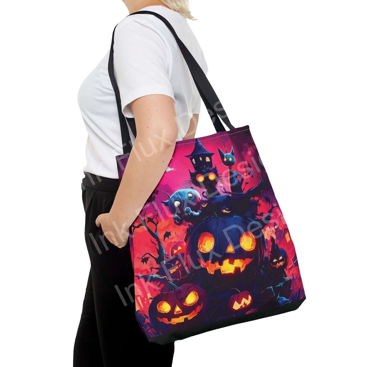Woman carrying a vibrant Night Jack o' lanterns Tote Bag with colorful Halloween-themed print, available in multiple sizes and handle colors.