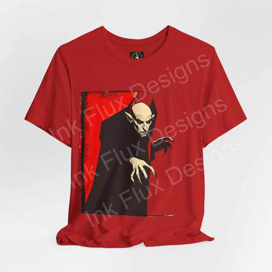 Red Nosferatu graphic tee, featuring a vintage-inspired vampire design, perfect for Halloween, from the Bella+Canvas ethical collection.
