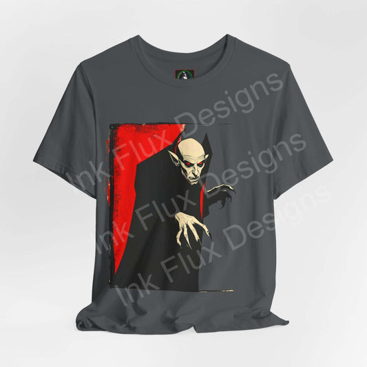 Halloween-themed Nosferatu graphic tee in dark grey, featuring a striking red and black vampire design, ideal for casual wear.
