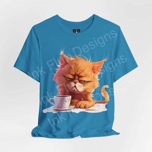 Blue graphic tee featuring a grumpy orange cat with a coffee cup, titled "Not a Morning Cat," ideal for cat lovers and casual wear.