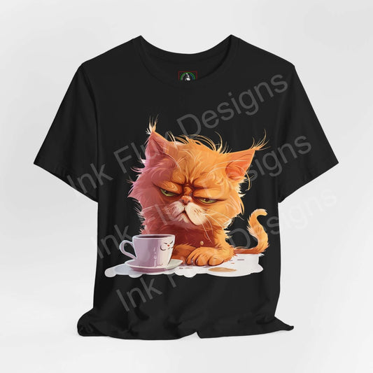 Black unisex T-shirt featuring a graphic of a grumpy orange cat with coffee, ideal for cat lovers and casual wear.