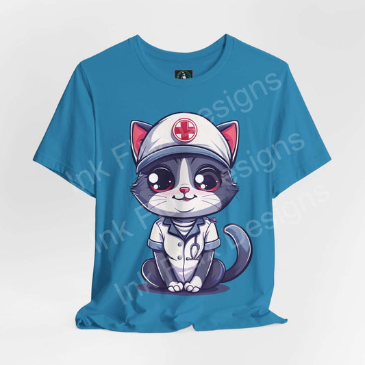 Unisex blue T-shirt featuring 'Nurse Kitty' graphic with a cute cat dressed in nurse uniform, designed for style and comfort.