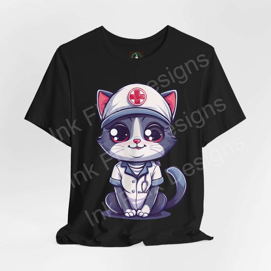Black unisex T-shirt featuring a cute graphic of a nurse kitty in uniform, ideal for cat lovers and fans of graphic tees.