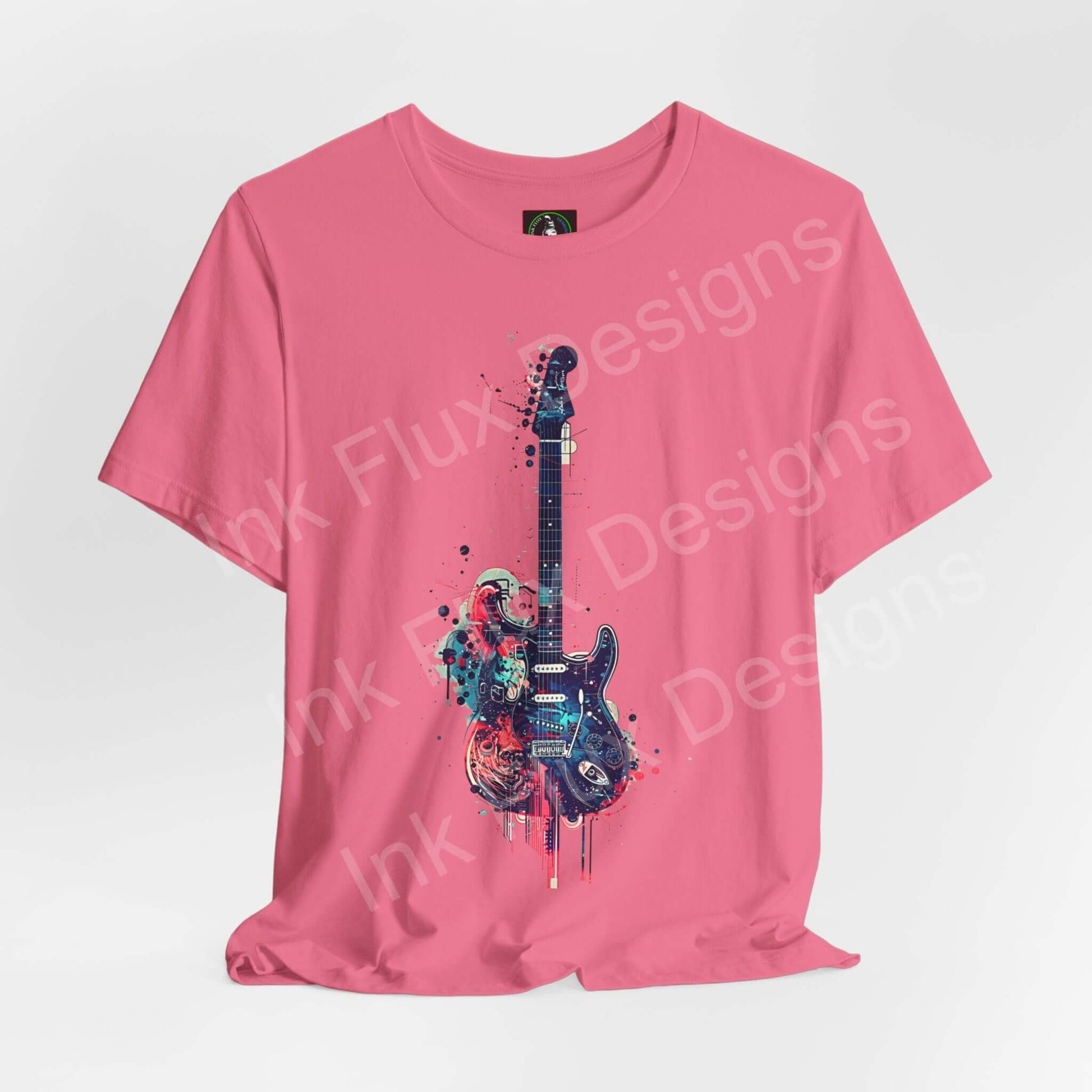Pink unisex jersey T-shirt featuring a bold graphic of a paint-splattered guitar, perfect for stylish comfort, by Bella+Canvas.