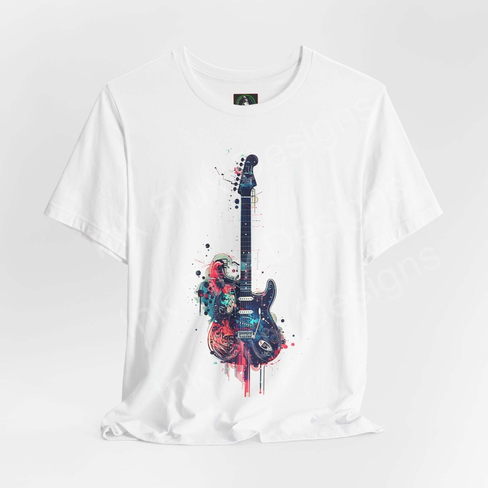 Unisex white jersey T-shirt featuring a bold graphic of a paint-splattered guitar, ideal for fans of graphic tees and music-themed apparel