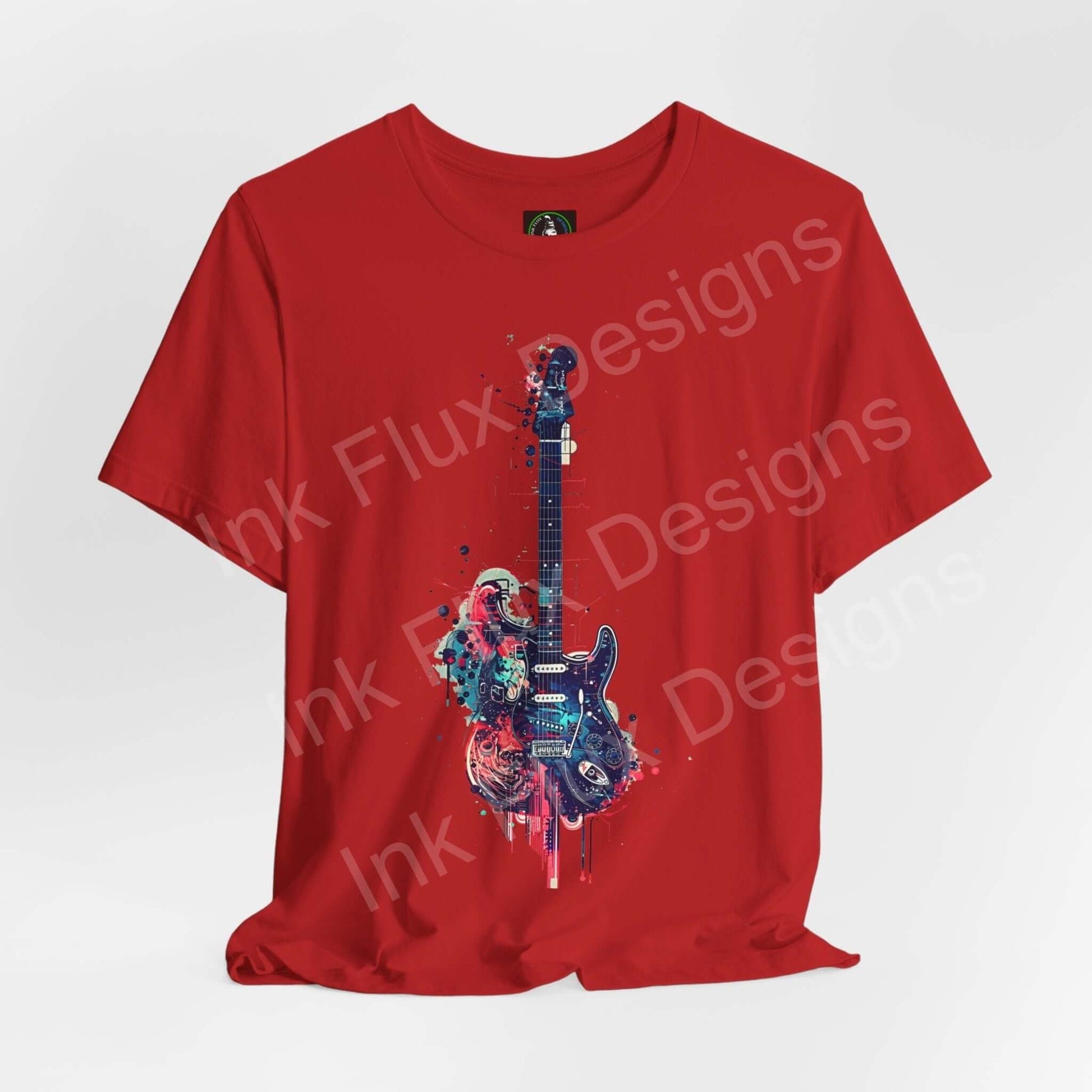 Red unisex T-shirt featuring bold graphic of a paint-splattered guitar, crafted from breathable cotton, ideal for style and comfort.