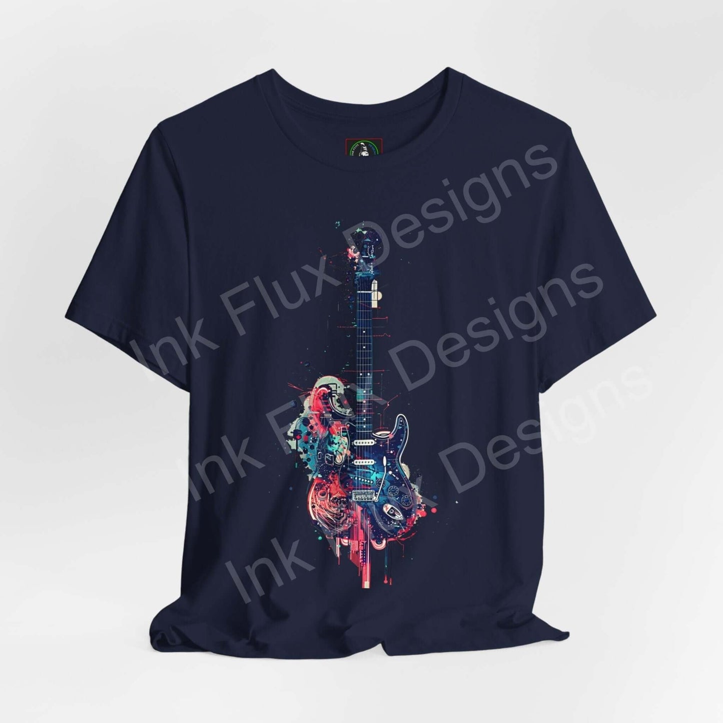 Unisex navy blue graphic tee featuring a vibrant 'Paint Guitar' design with bold colors and artistic details, perfect for music and art enthusiasts.