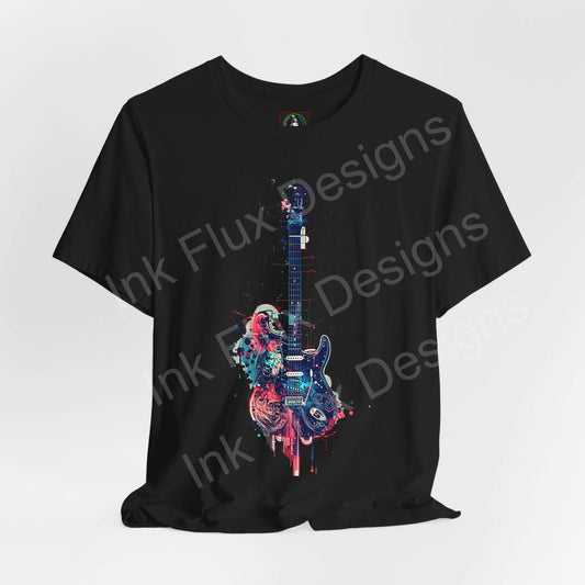 Black unisex T-shirt featuring a vibrant 'Paint Guitar' graphic with bold splashes of color, designed by Ink Flux Designs, ideal for style and comfort.
