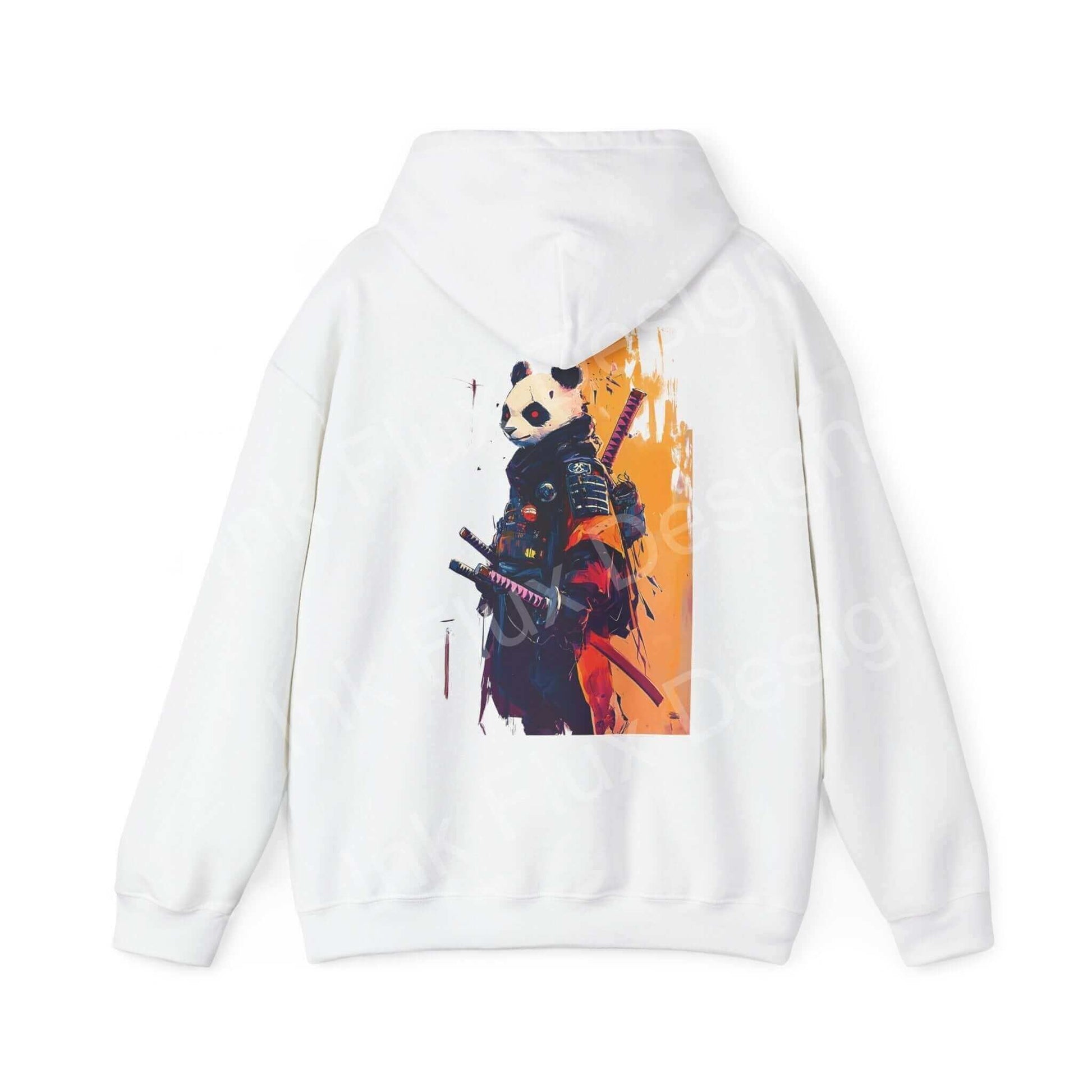 Graphic hoodie featuring a bold panda samurai design, blending creativity and comfort in a stylish white sweatshirt.