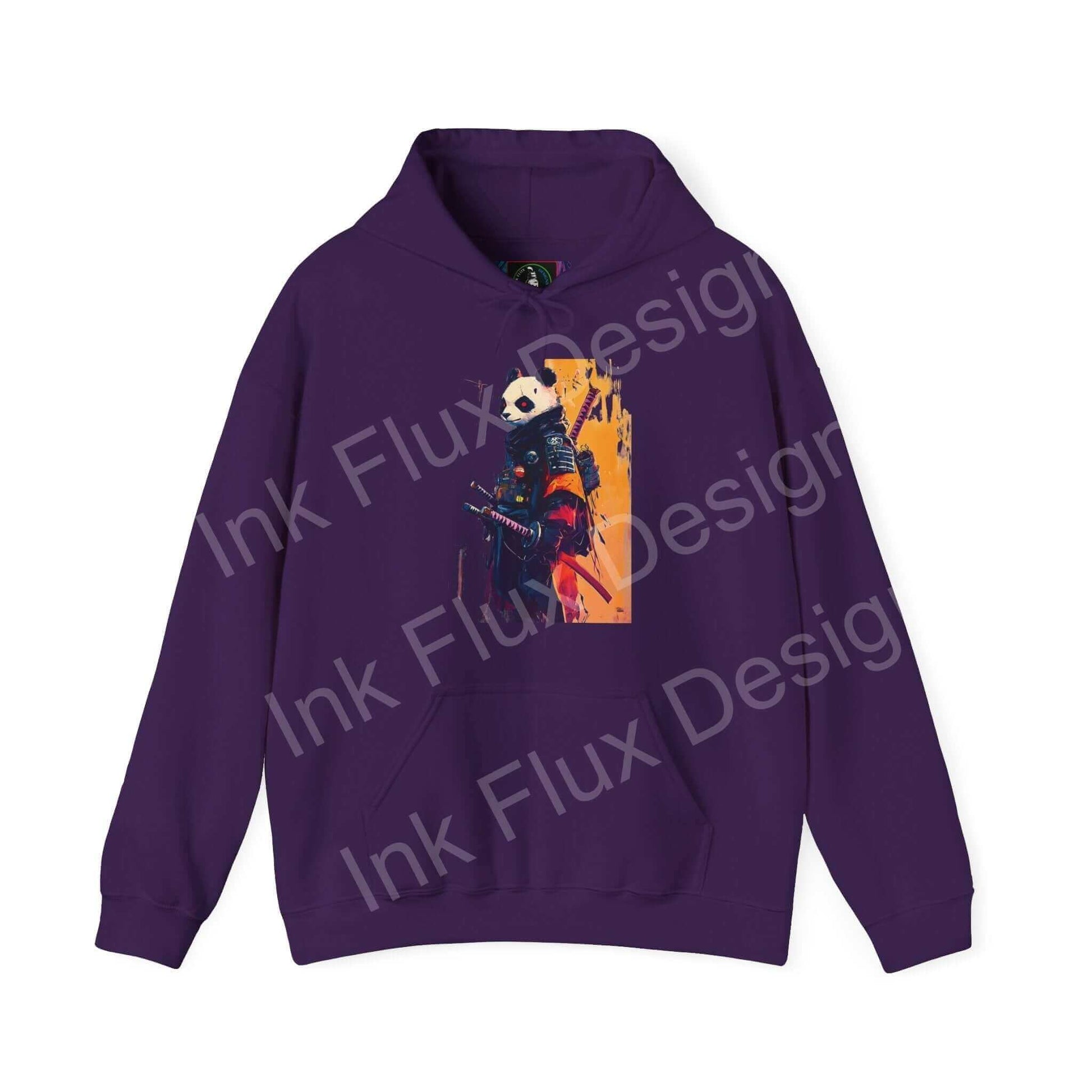 Purple Panda Samurai graphic hoodie featuring bold designs, ideal for cozy yet stylish unisex wear
