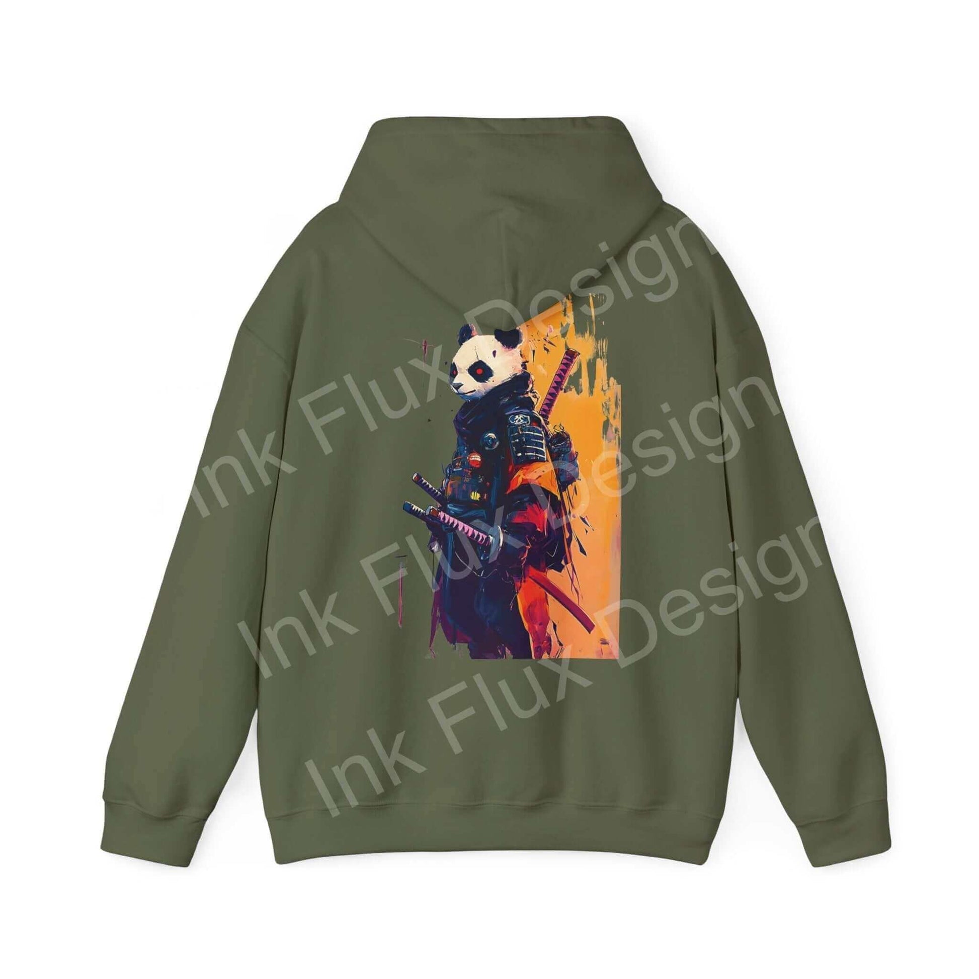 Olive green panda samurai hooded sweatshirt with bold graphic design on back, featuring a panda in samurai attire, ideal for fans of unique graphic hoodies.