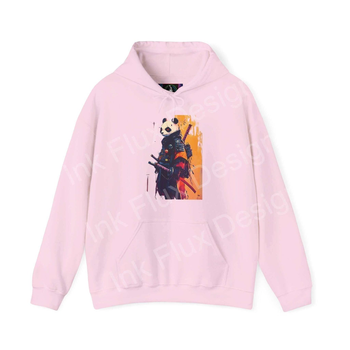 Pink Panda Samurai hooded sweatshirt with bold graphic design, combining comfort and style in a unisex hoodie for chilly days.