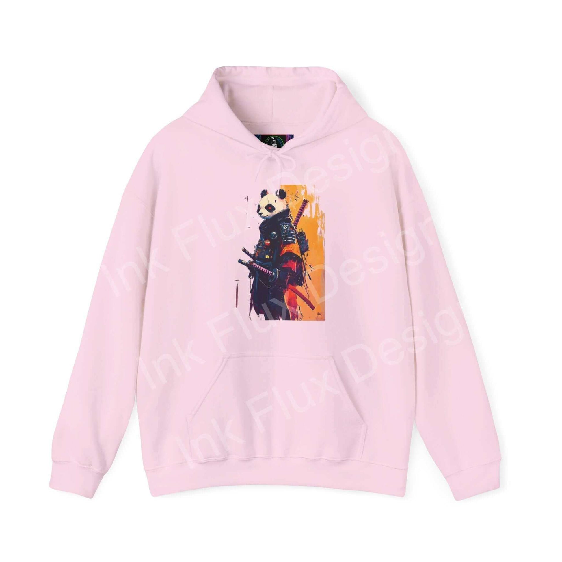 Pink Panda Samurai hooded sweatshirt with bold graphic design, combining comfort and style in a unisex hoodie for chilly days.