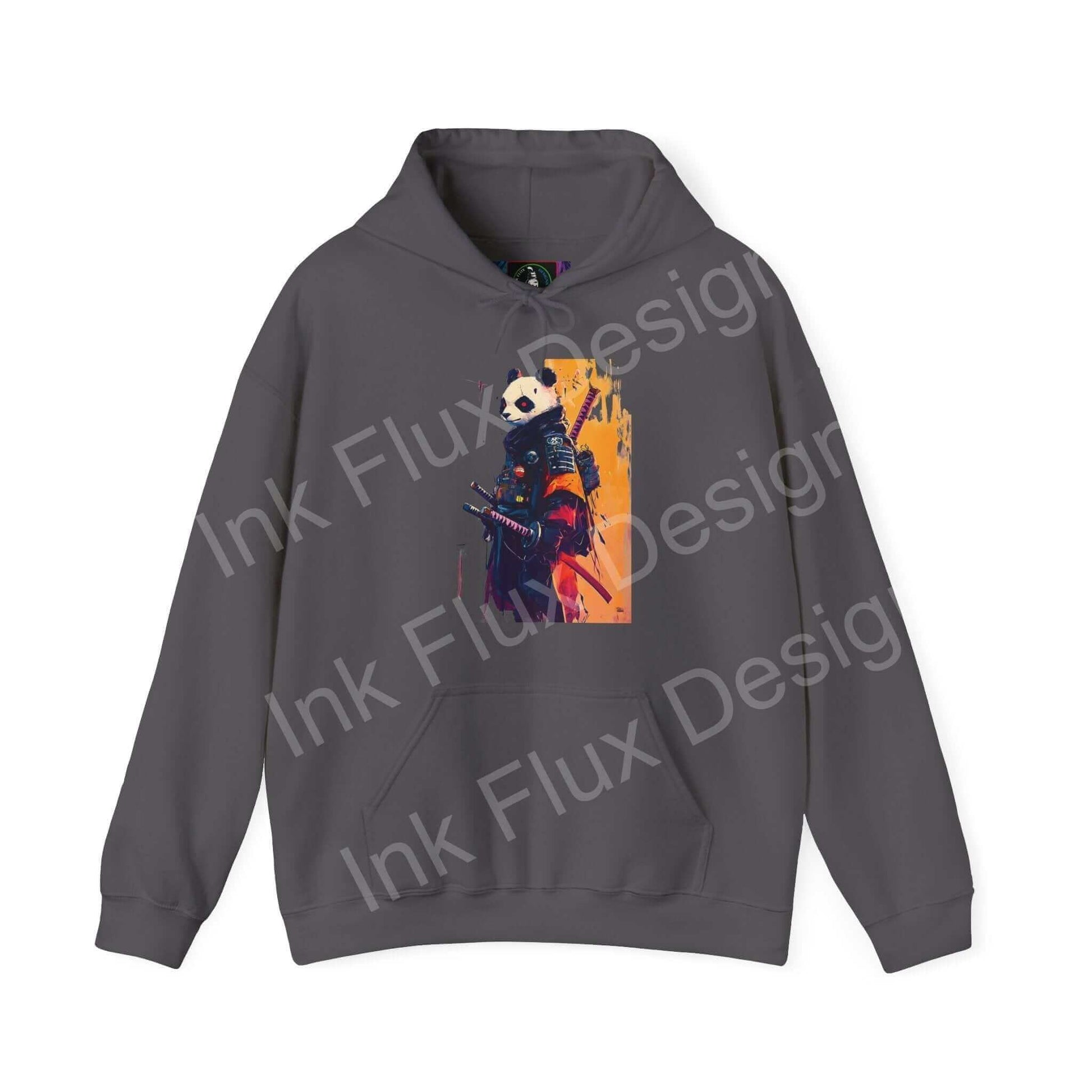 Panda Samurai graphic hoodie in gray, featuring bold design on premium cotton-polyester blend fabric for style and comfort.