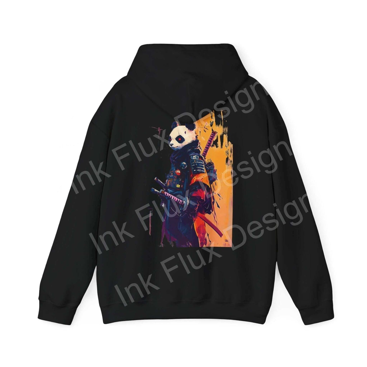 Panda Samurai graphic hoodie featuring bold designs on a black unisex hooded sweatshirt, ideal for stylish, cozy wear.