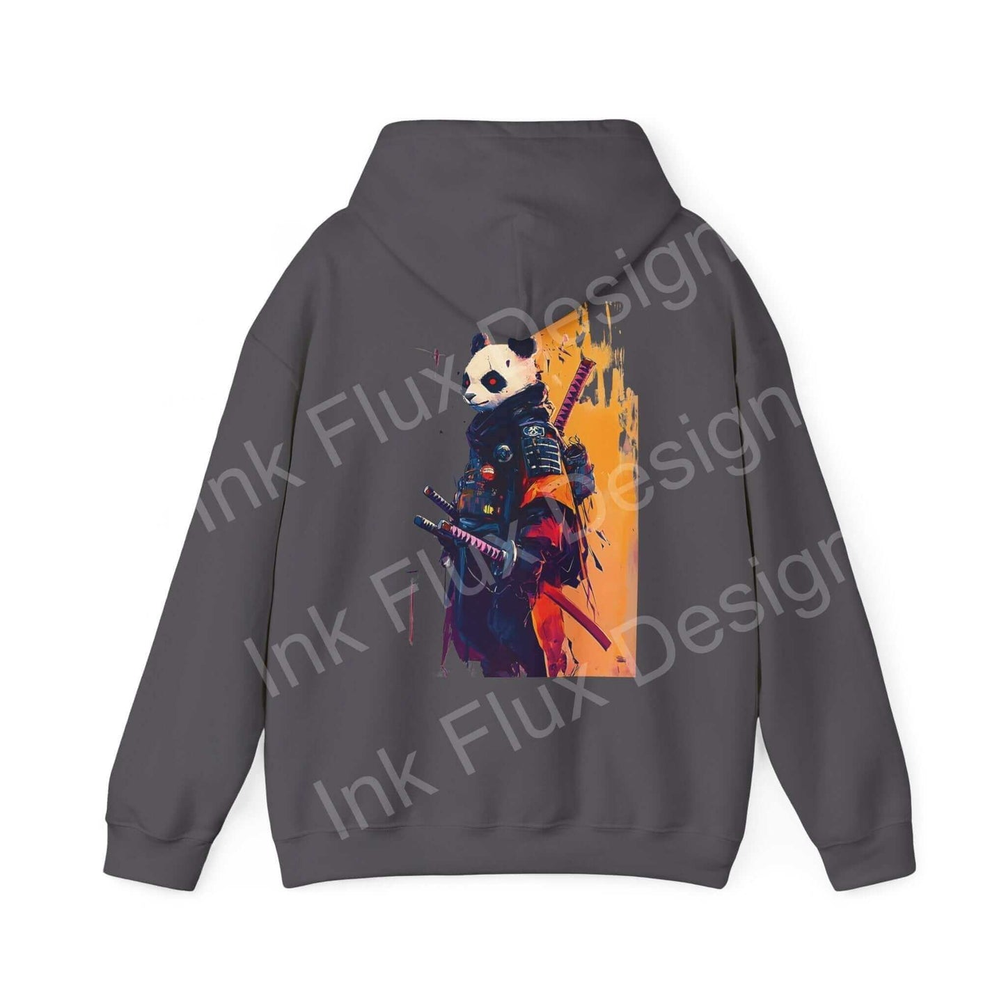 Back view of a Panda Samurai graphic hoodie in charcoal featuring a bold samurai design, perfect for those seeking stylish, warm graphic hoodies.