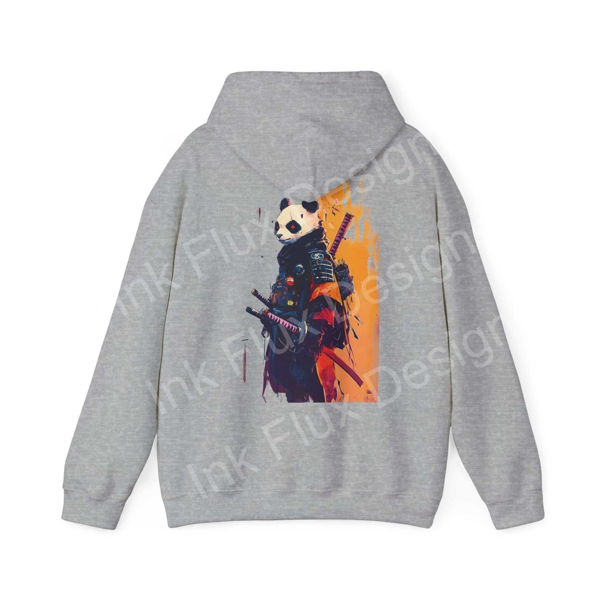 Unisex gray hoodie featuring a bold graphic of a panda dressed as a samurai on the back, from the Panda Samurai Hooded Sweatshirt collection.