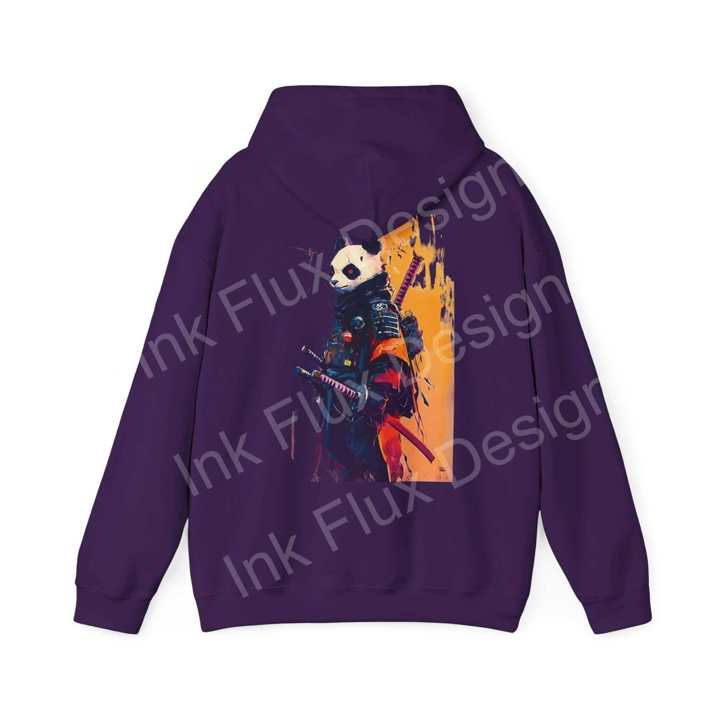 Back view of a purple Panda Samurai hooded sweatshirt featuring a bold graphic design in orange and blue, ideal for fans of unique, graphic hoodies.