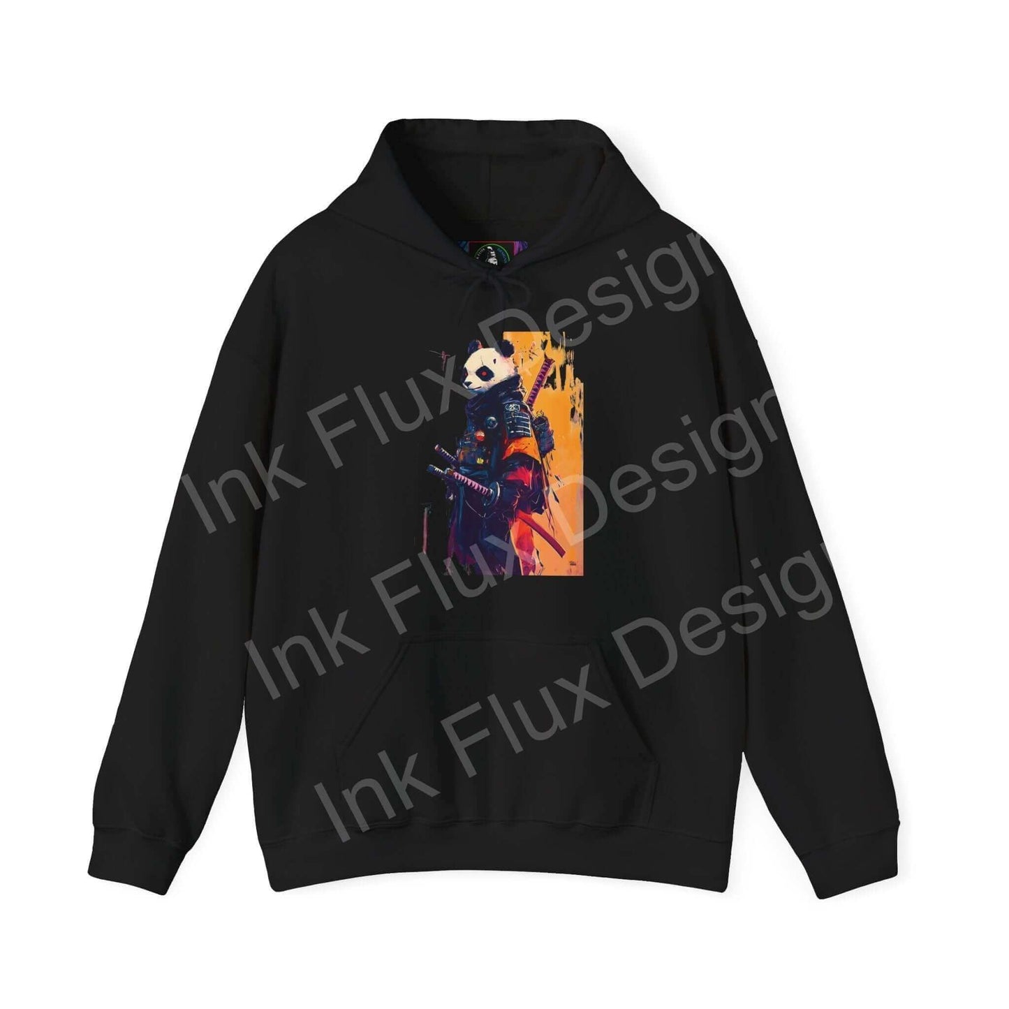 Unisex black hoodie featuring vibrant Panda Samurai graphic design, blending bold colors and creative artwork on quality fabric.