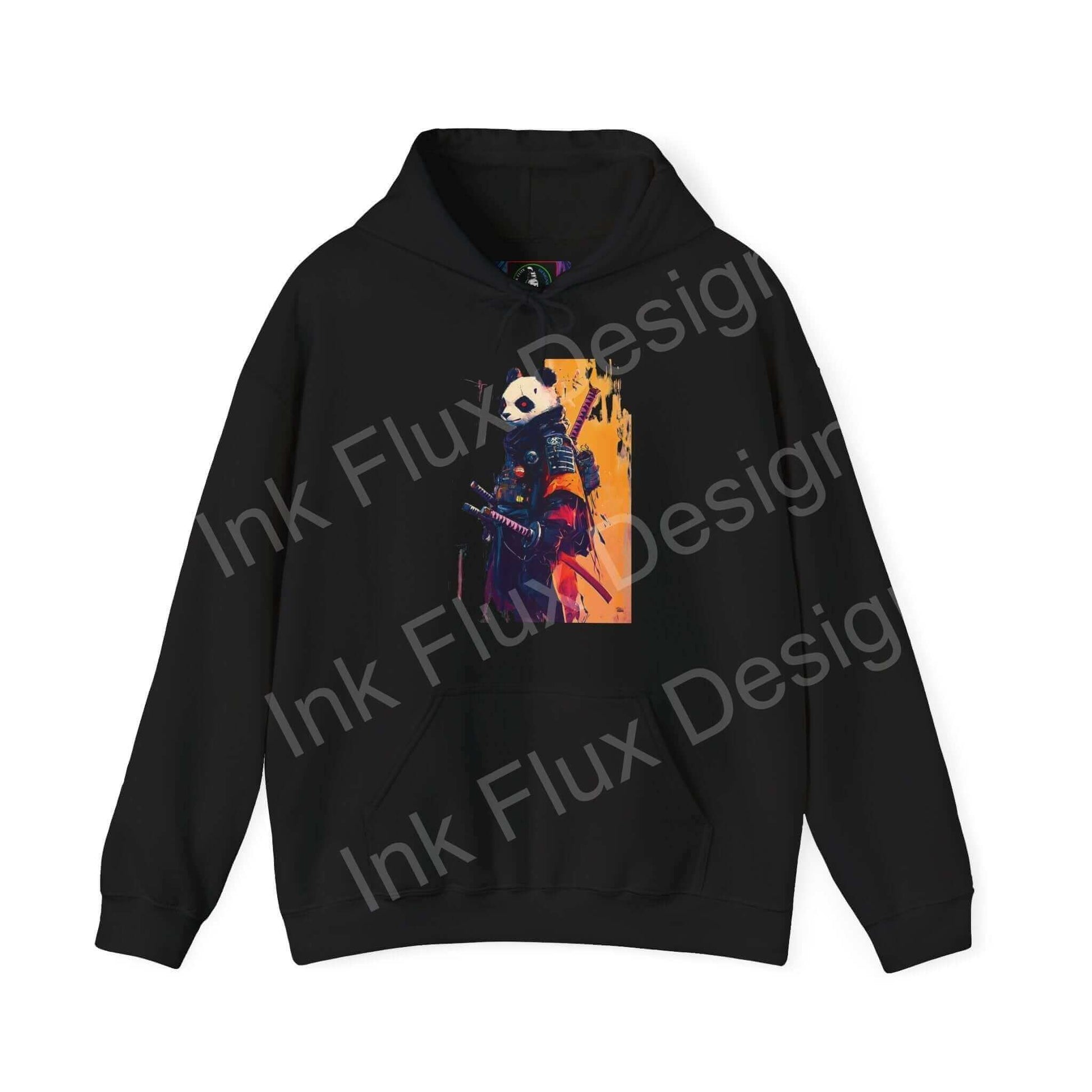 Unisex black hoodie featuring vibrant Panda Samurai graphic design, blending bold colors and creative artwork on quality fabric.