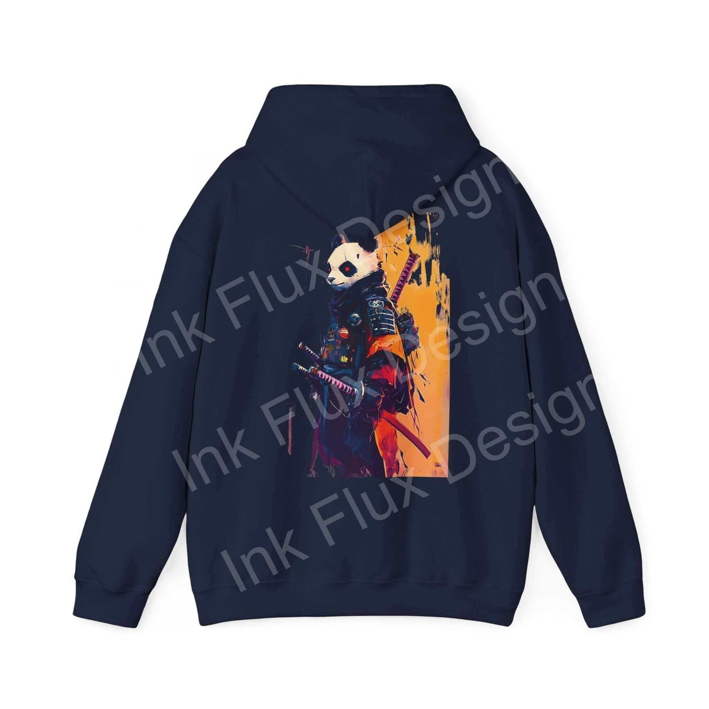 Unisex navy blue hoodie featuring a bold graphic of a panda dressed as a samurai on the back, ideal for fans of unique and creative designs.