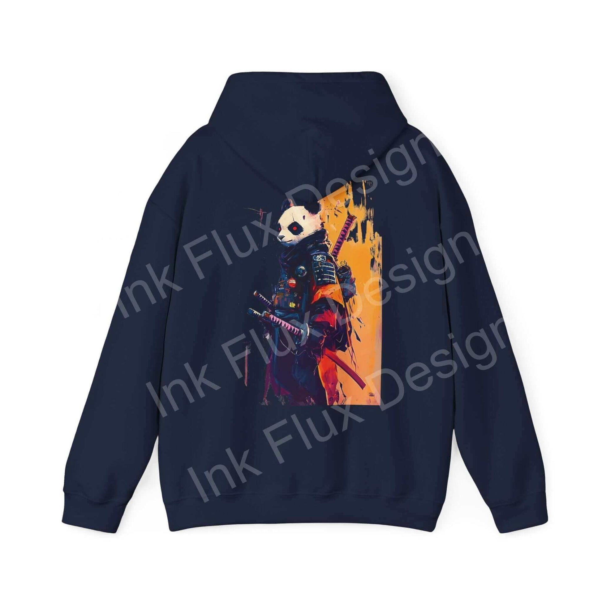 Unisex navy blue hoodie featuring a bold graphic of a panda dressed as a samurai on the back, ideal for fans of unique and creative designs.