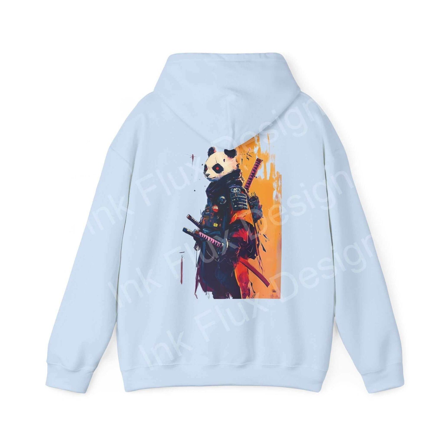 Blue Panda Samurai hooded sweatshirt with bold graphic design on the back, unisex heavy-blend for style and warmth.