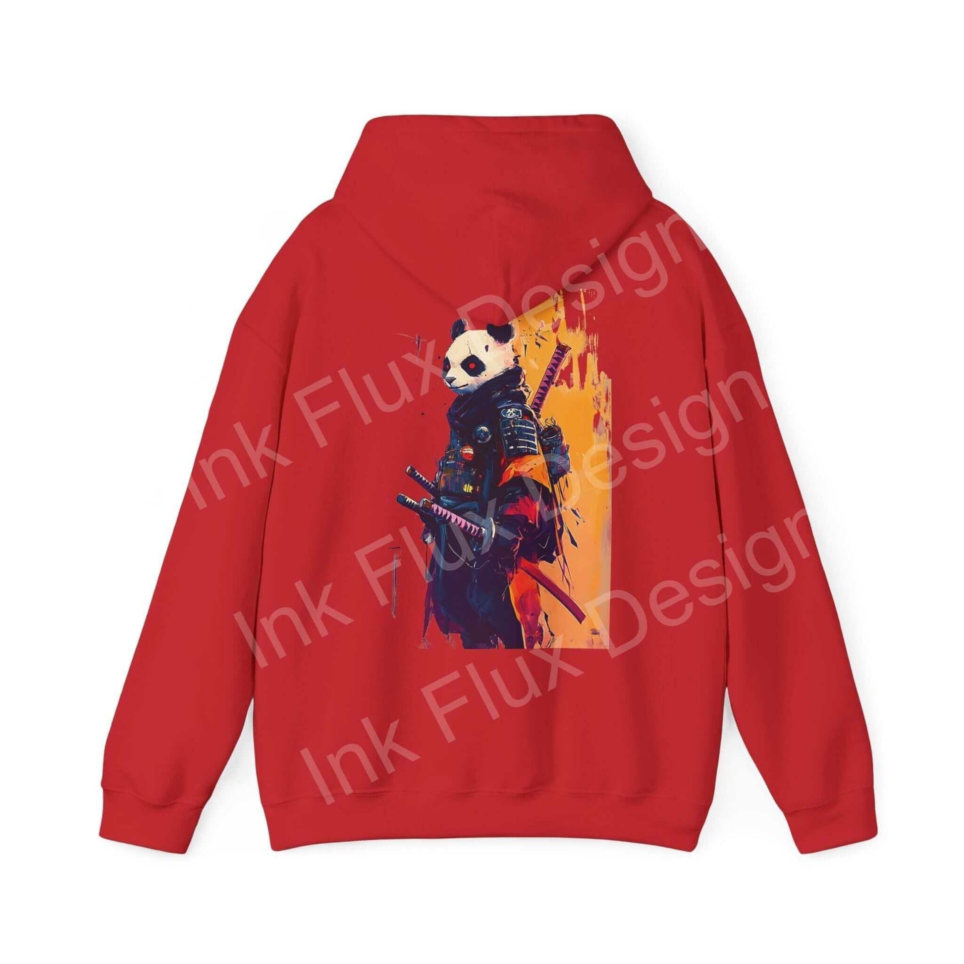 Red Panda Samurai hooded sweatshirt with bold graphic design on the back, showcasing a panda in samurai armor.