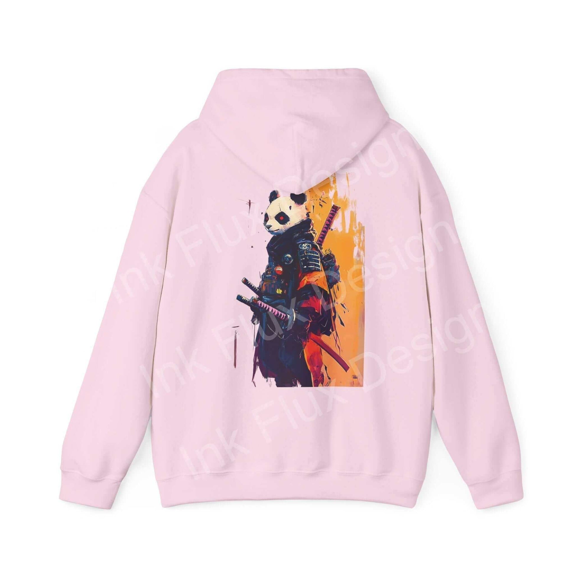 Pink hooded sweatshirt featuring bold graphic design of a panda samurai, ideal for fans of unique and stylish graphic hoodies.