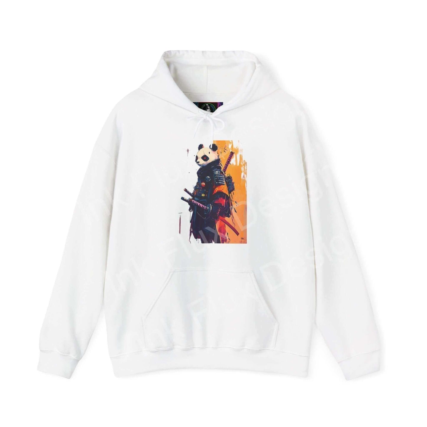 Unisex white hooded sweatshirt featuring a bold graphic of a panda dressed as a samurai, ideal for fans of unique and creative graphic hoodies.