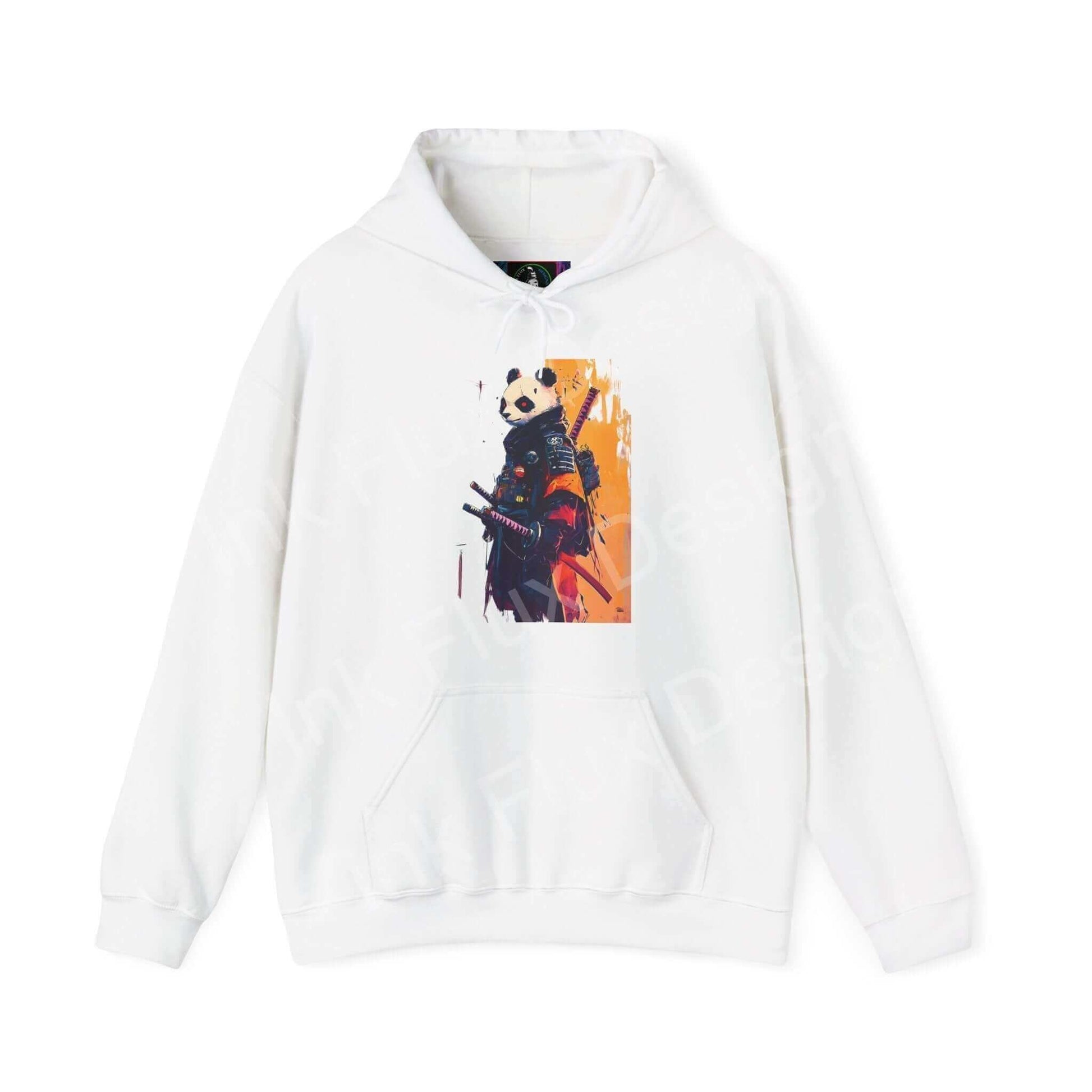 Unisex white hooded sweatshirt featuring a bold graphic of a panda dressed as a samurai, ideal for fans of unique and creative graphic hoodies.