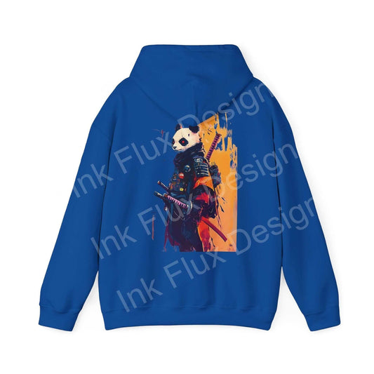 Blue Panda Samurai graphic hoodie with bold design on back, ideal for stylish, cozy wear.