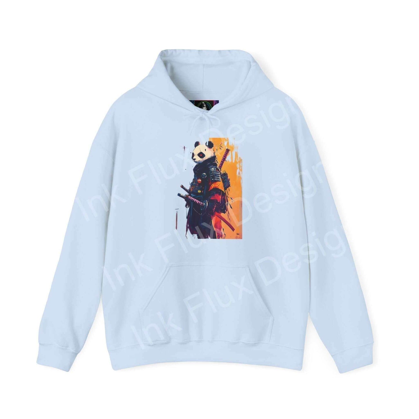 Light blue Panda Samurai hooded sweatshirt with bold graphic design, ideal for stylish, cozy wear