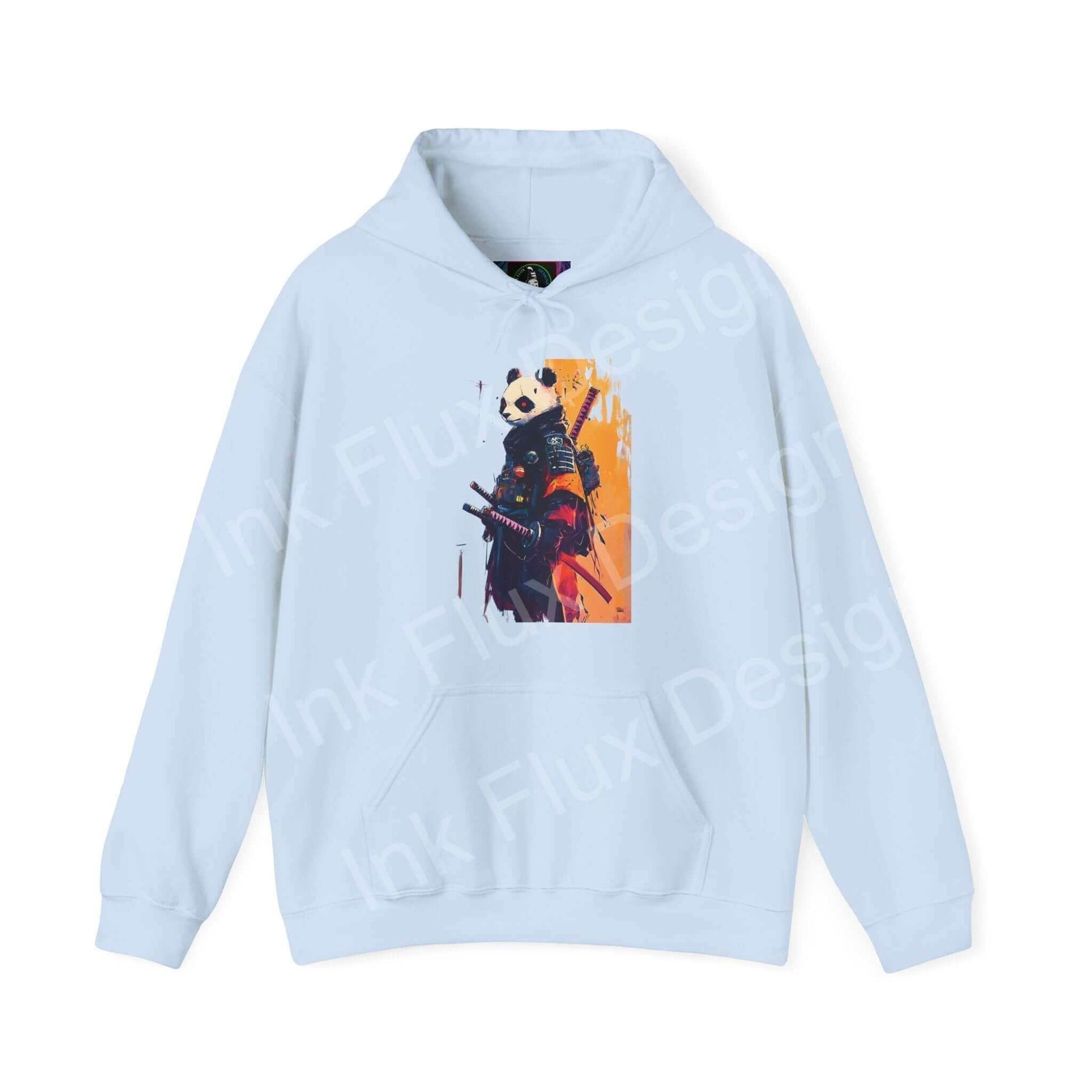 Light blue Panda Samurai hooded sweatshirt with bold graphic design, ideal for stylish, cozy wear