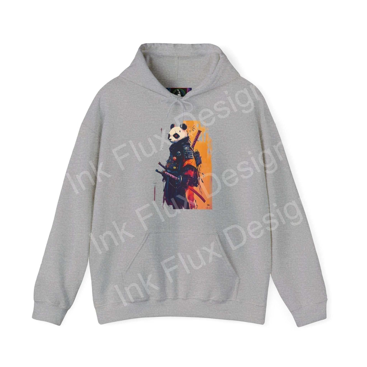 Unisex gray hooded sweatshirt featuring a bold graphic design of a panda in samurai armor, showcasing a blend of comfort and unique style.