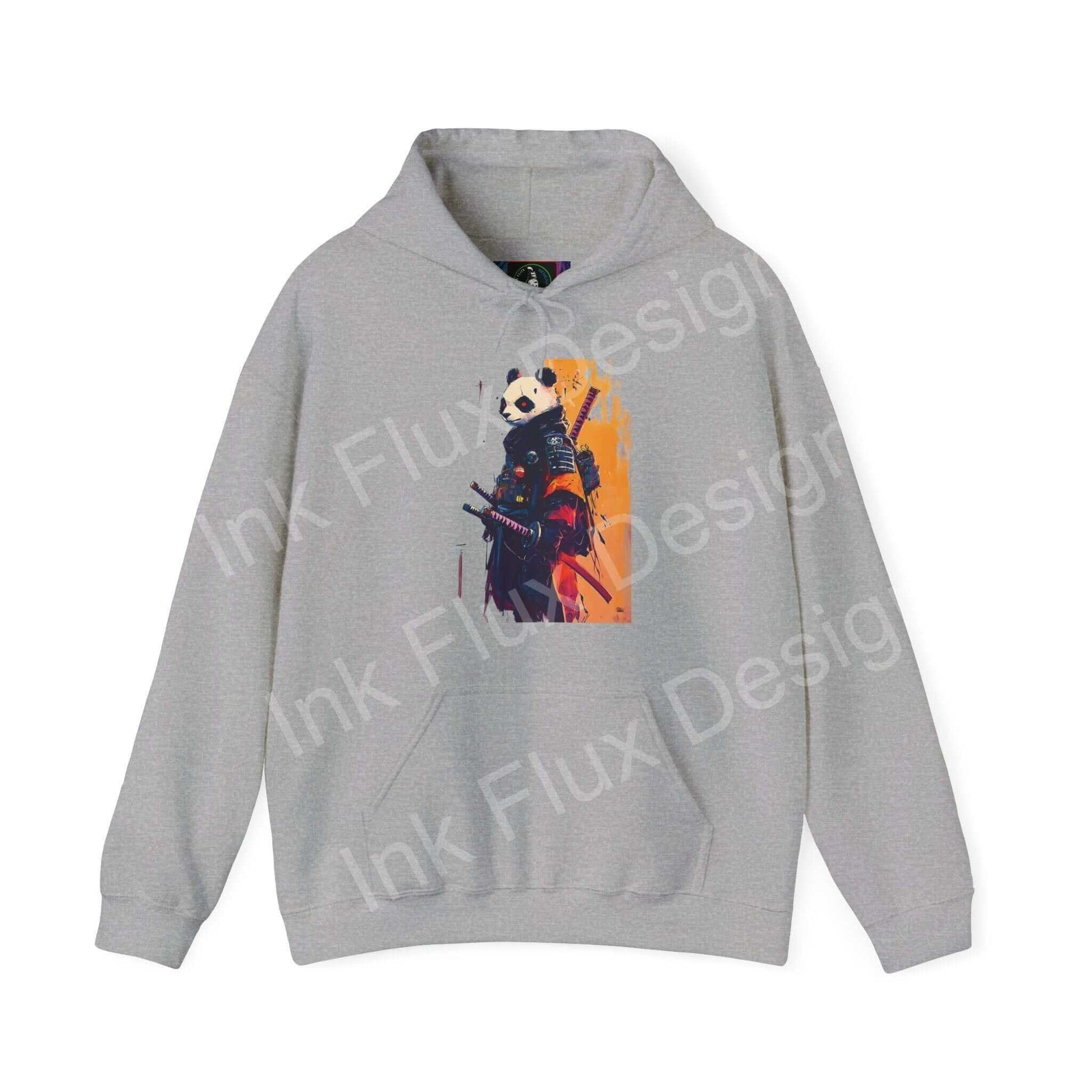 Unisex gray hooded sweatshirt featuring a bold graphic design of a panda in samurai armor, showcasing a blend of comfort and unique style.
