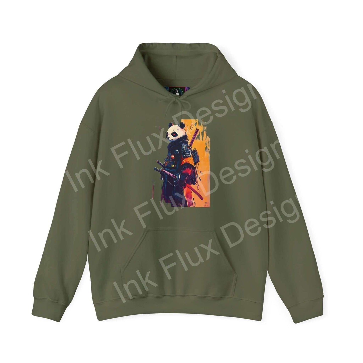 Green Panda Samurai hooded sweatshirt featuring bold graphic design, perfect for style and warmth