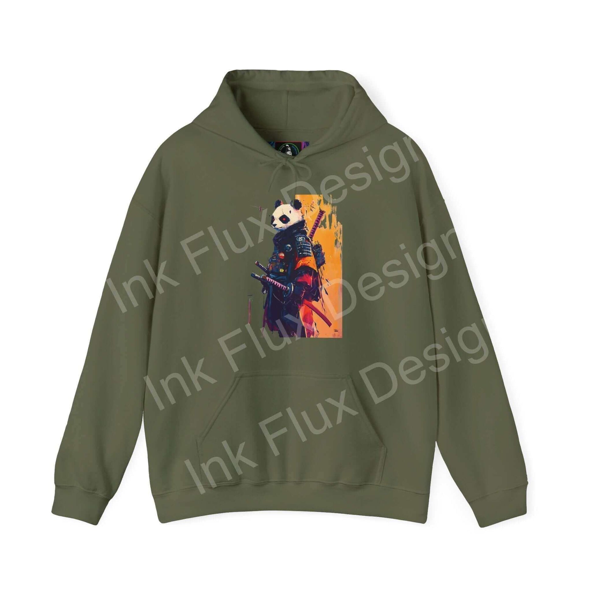Green Panda Samurai hooded sweatshirt featuring bold graphic design, perfect for style and warmth