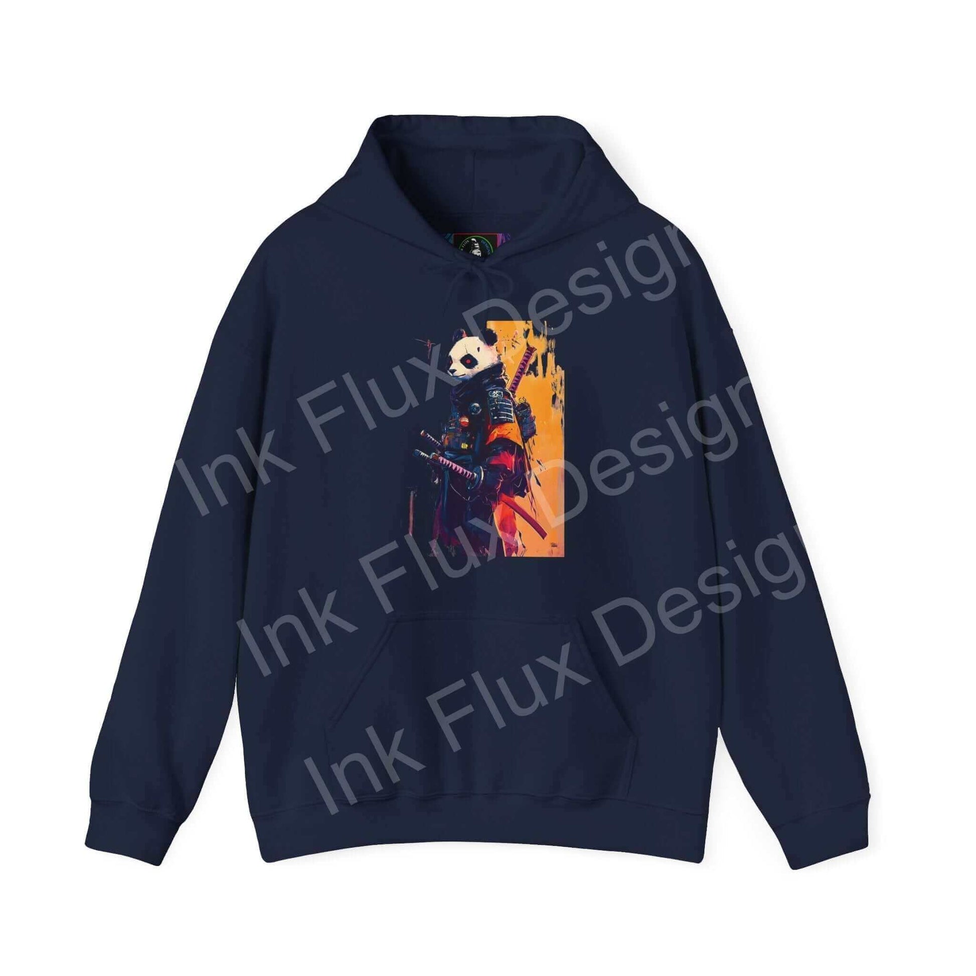 Navy blue Panda Samurai hooded sweatshirt with bold graphic design, ideal for unisex fashion in graphic hoodies