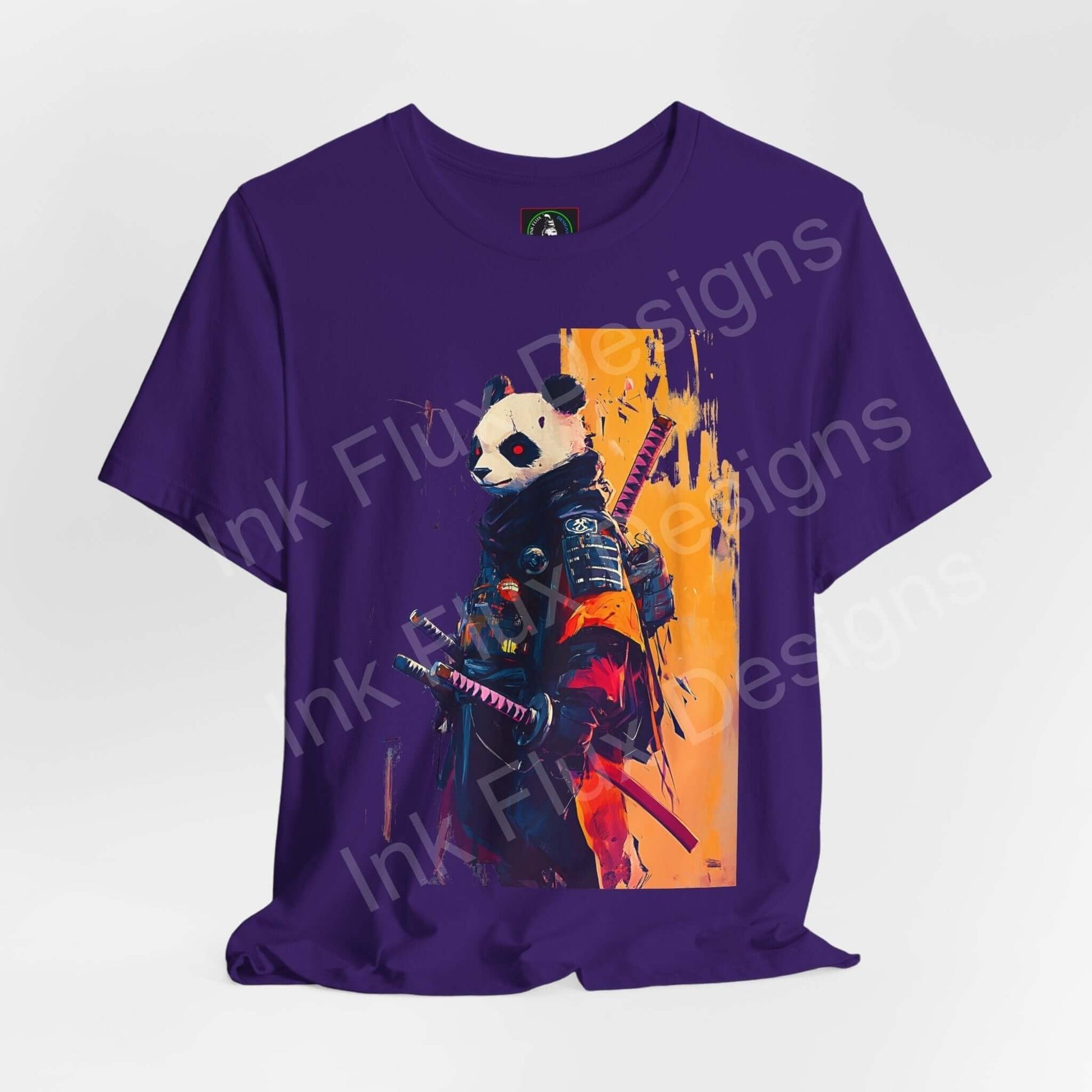 Panda Samurai graphic tee in purple featuring a stylized panda in samurai armor, ideal for fans of spirit animals and unique T-shirts.