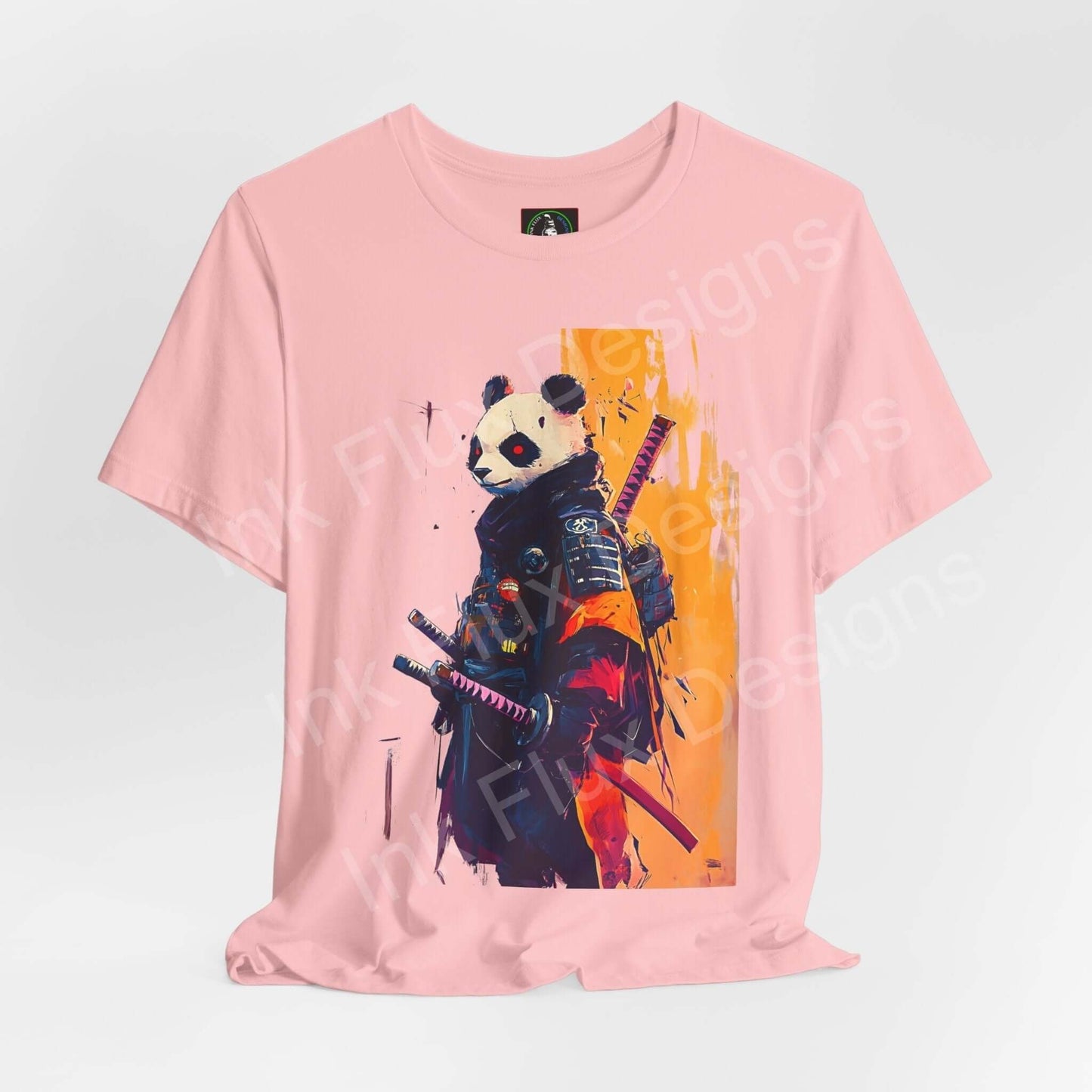 Pink unisex T-shirt featuring a graphic of a panda dressed as a samurai with swords, titled 'Panda Samurai', perfect for fans of spirit animals and graphic tees.