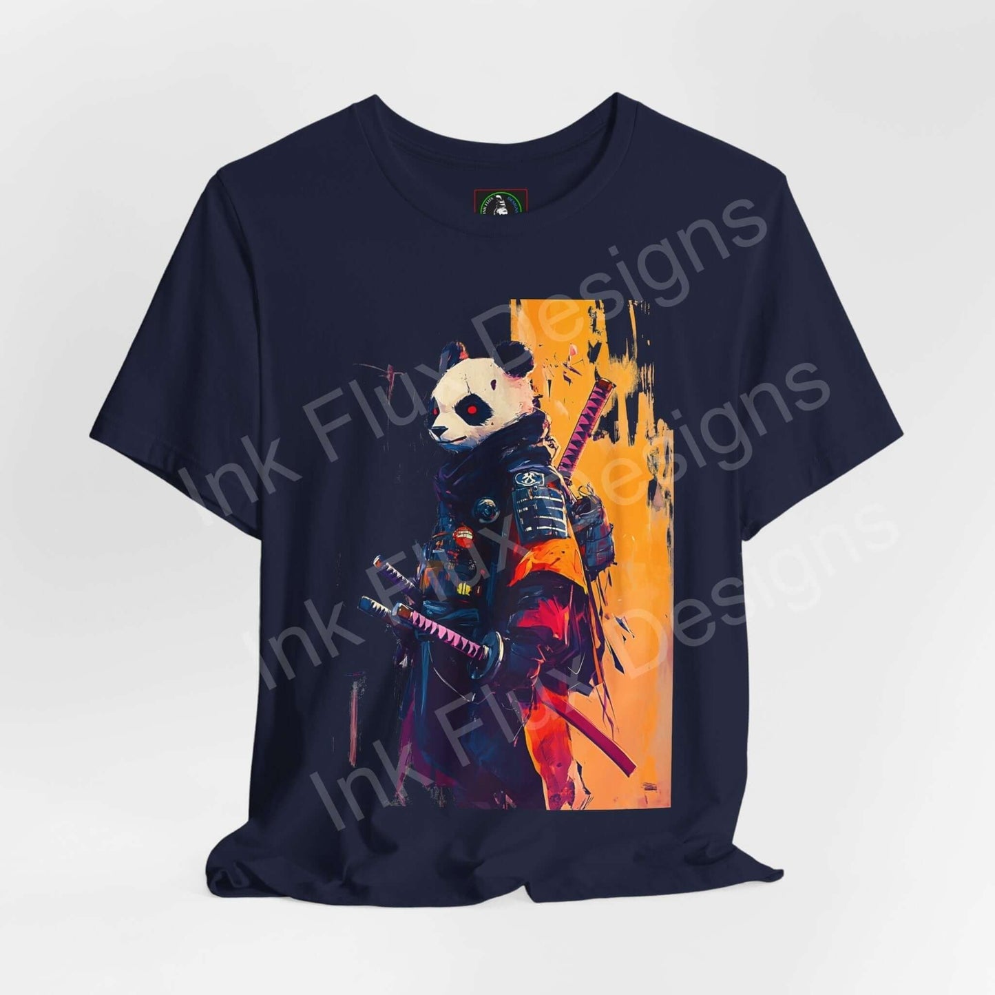 Panda Samurai graphic tee with vibrant samurai artwork on navy T-shirt, showcasing spirit animal in stylish attire with sword.