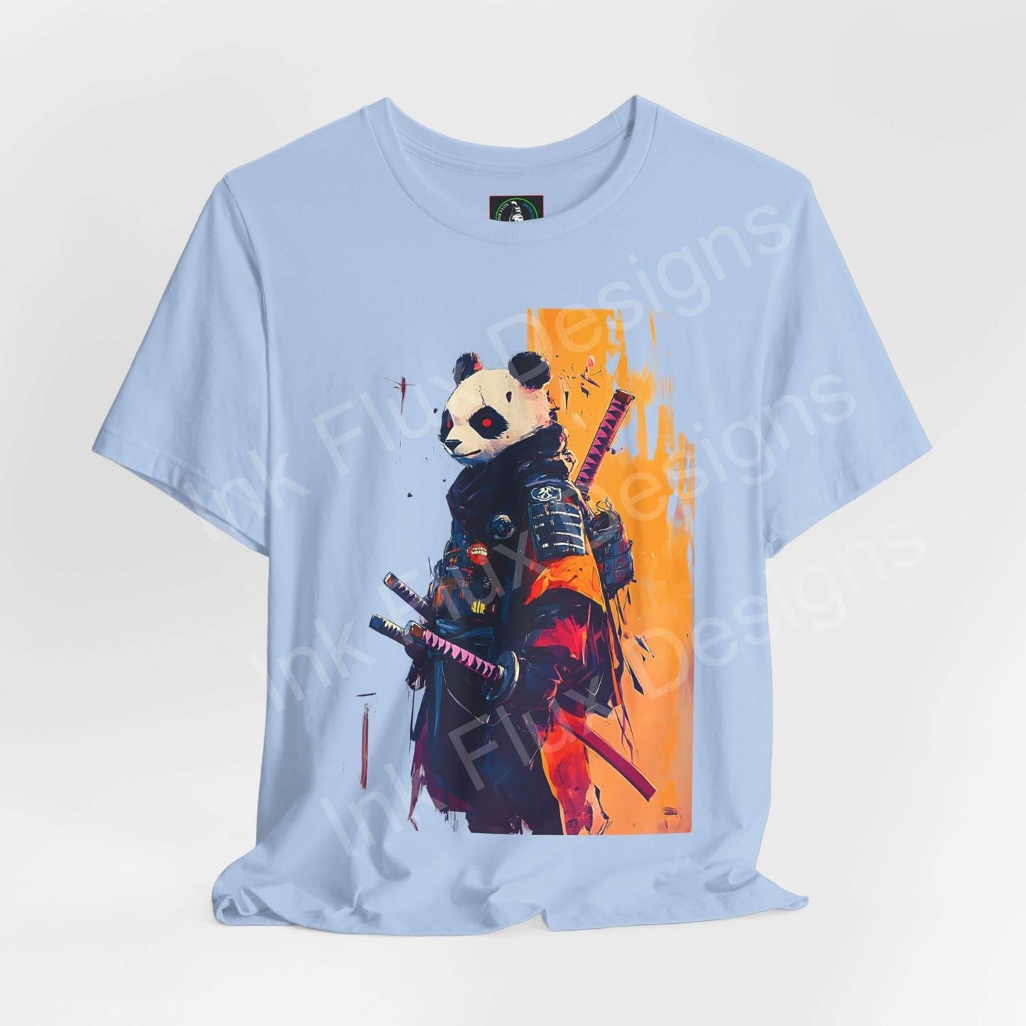Light blue unisex T-shirt featuring a vibrant graphic of a panda samurai with swords, symbolizing spirit animals, ideal for fans of unique graphic tees.