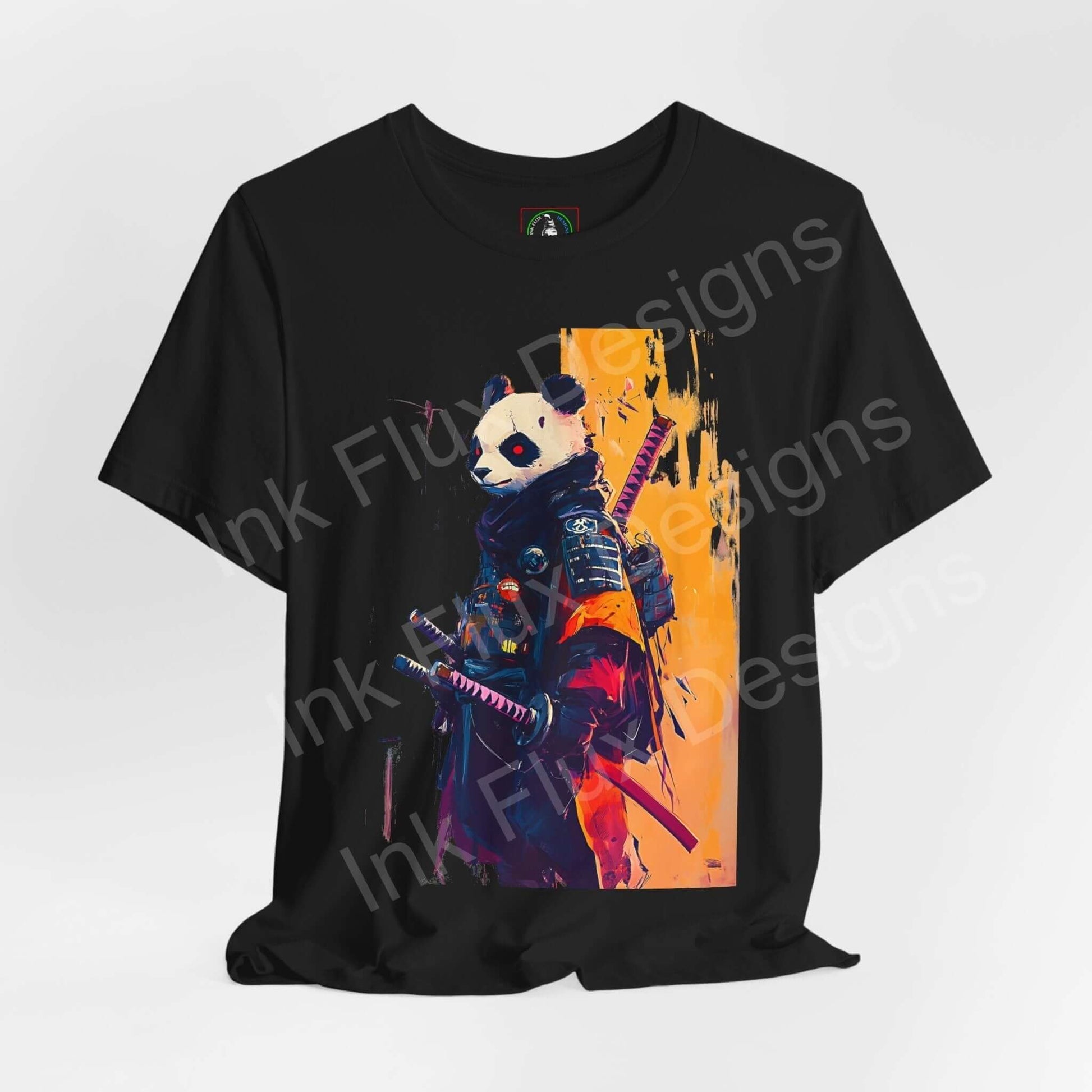 Black unisex T-shirt featuring vivid graphic of Panda Samurai with sword, artistically designed with bold colors on quality cotton fabric.
