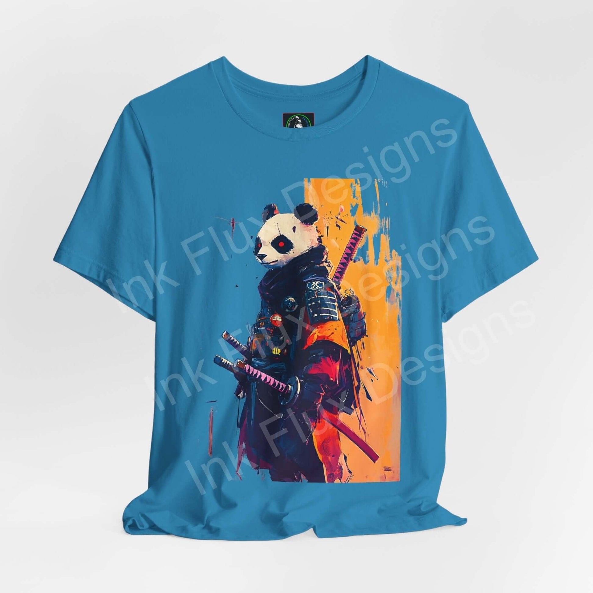 Graphic tee featuring a vibrant Panda Samurai design on a blue unisex T-shirt, ideal for fans of unique spirit animal-inspired apparel