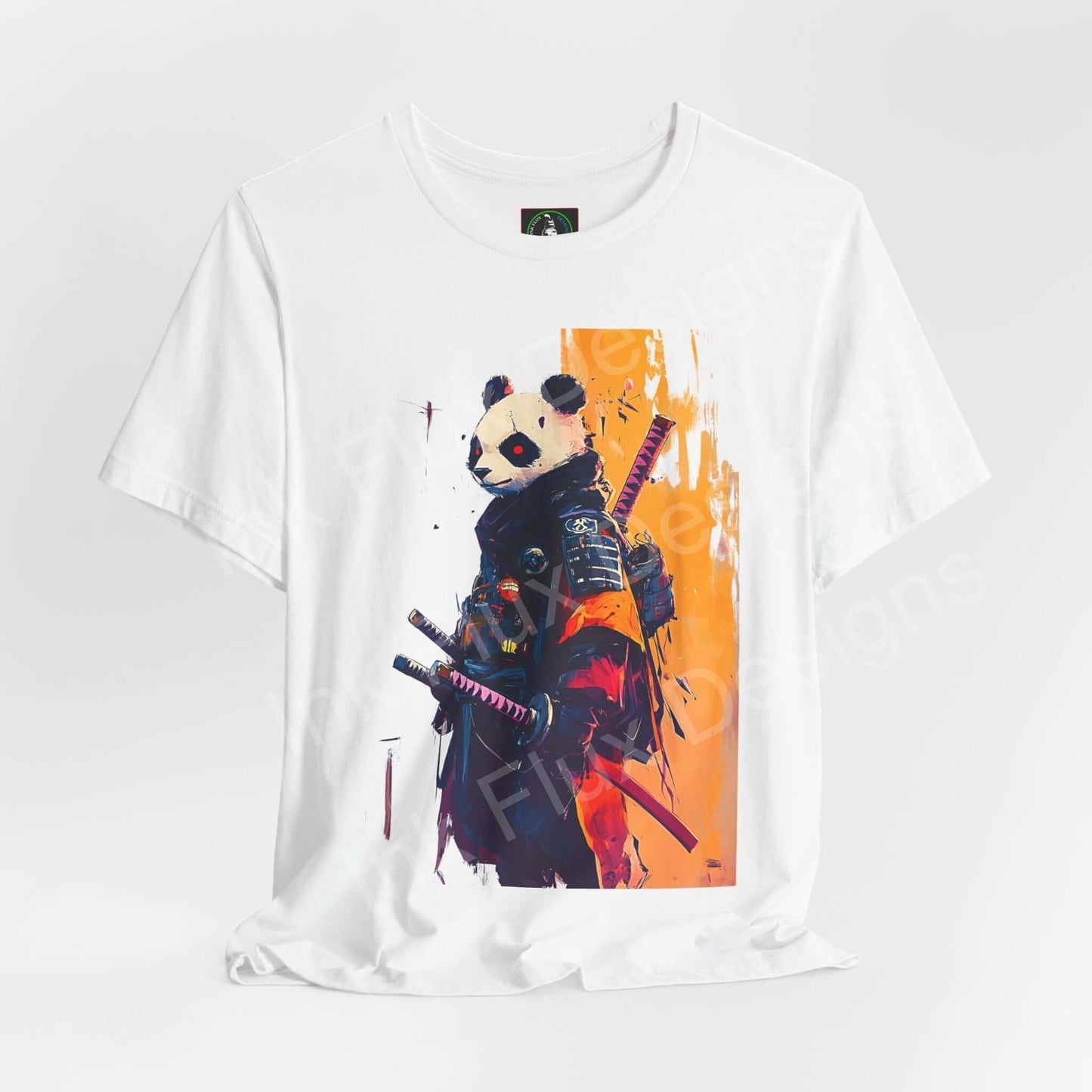 Unisex white T-shirt featuring a graphic of a panda dressed as a samurai, designed for style and comfort, part of the Bella+Canvas ethically made collection.