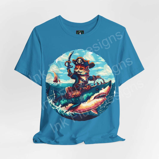 Blue unisex T-shirt featuring a vibrant graphic of a pirate cat riding a shark, ideal for fans of unique graphic tees and cat-themed apparel.